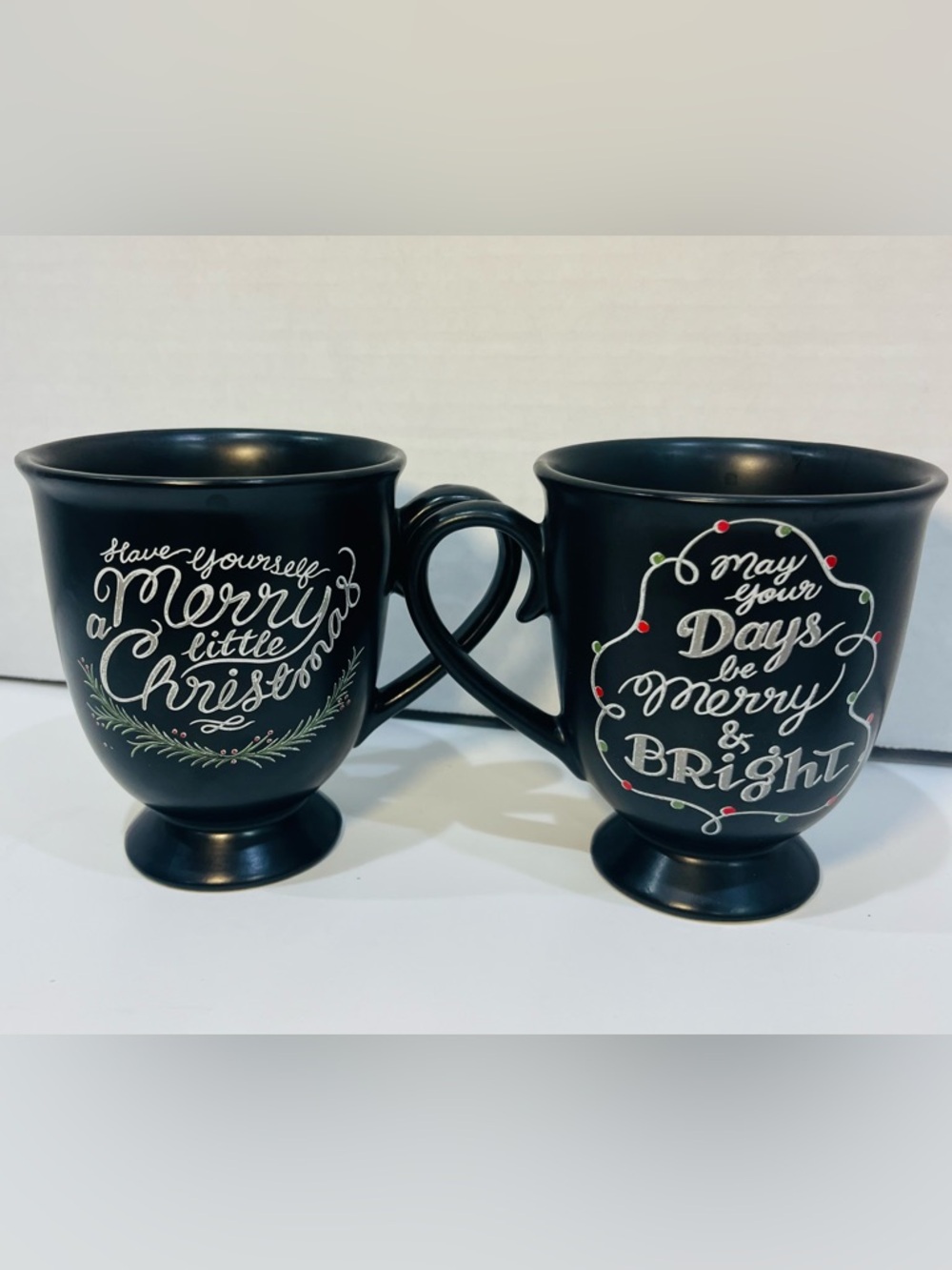 Set of 2 World Market Black Holiday Mugs Double Sided Have Yourself A Merry
